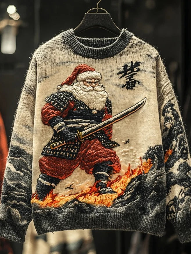Men's Vintage Funny Christmas Santa Samurai Japanese Art Jacquard Knit Sweater