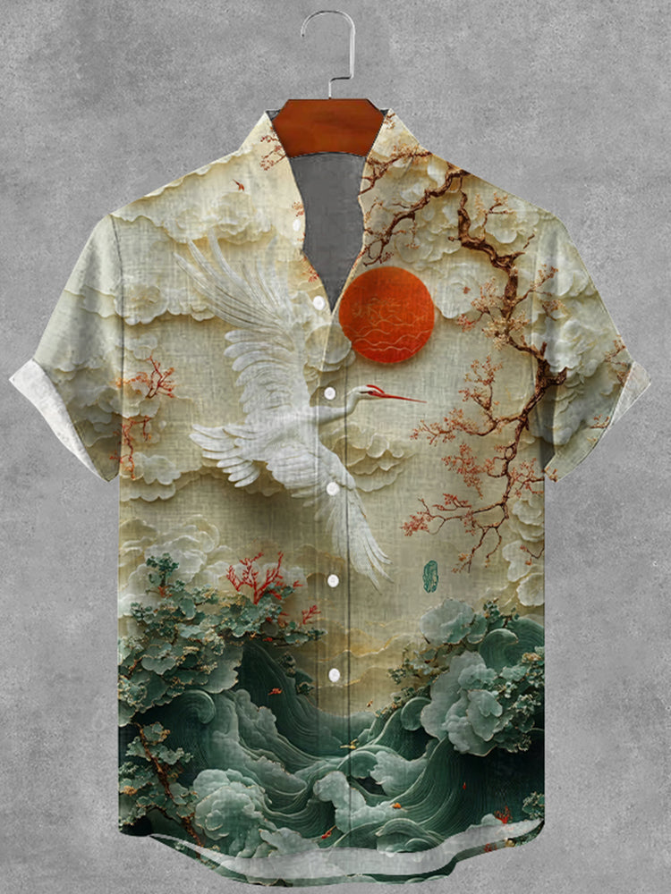 Men's Japanese Art Tree And Crane Linen Blend Cozy Shirt