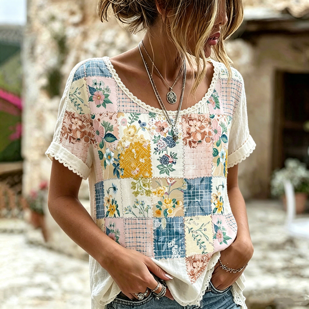 Women's Flower Print Crew Neck Linen Blend T-shirt