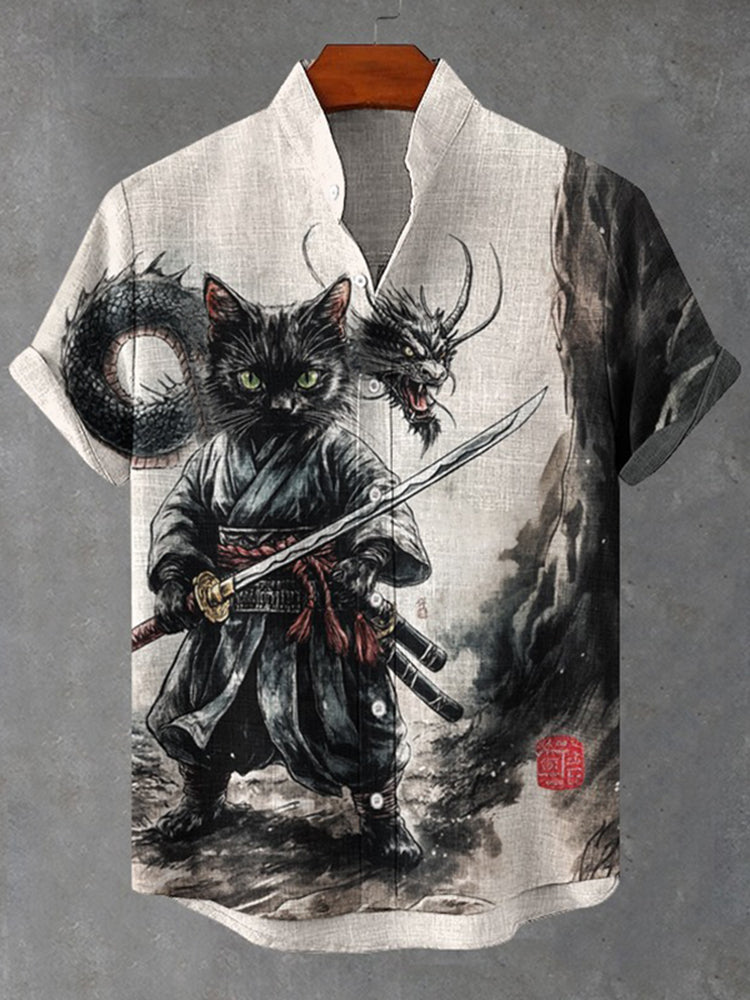 Men's Samurai Black Cat And Dragon Art Print Short Sleeve Shirt