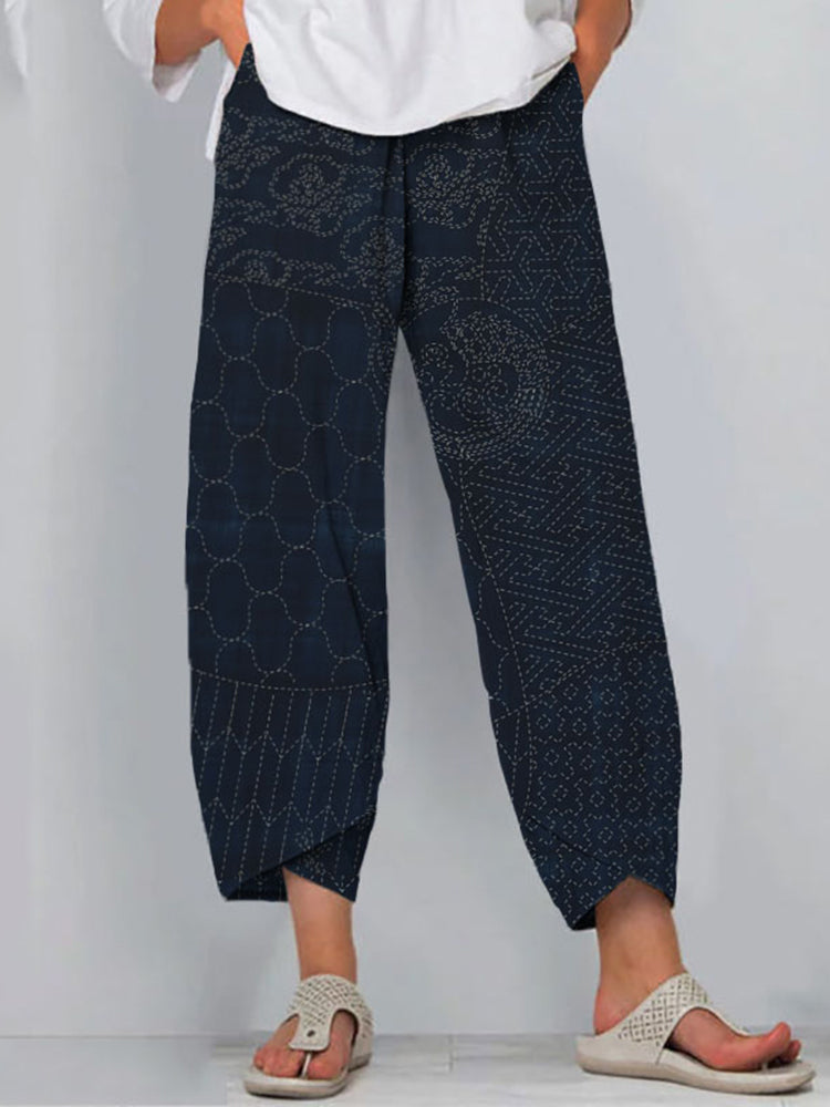 Retro Japanese Traditional Sashiko Art Pattern Cropped Casual Pants