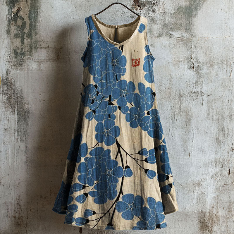 Plum Blossom Japanese Pattern Linen Tank Dress