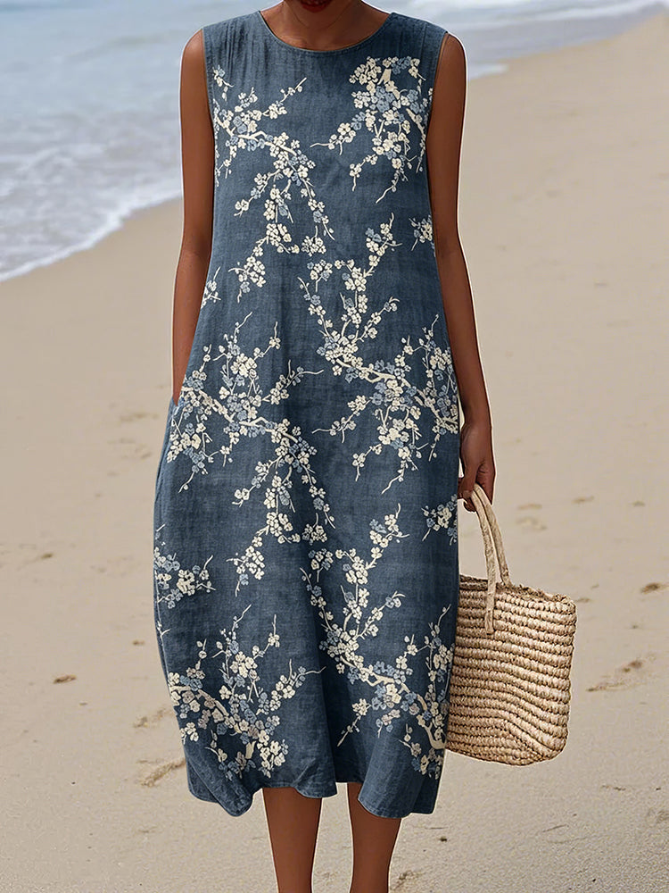 Women's Vintage Japanese Floral Print Round Neck Sleeveless Linen Blend Midi Dress