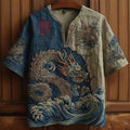 Men's Retro Wave And Dragon Japanese Embroidery Linen Shirt