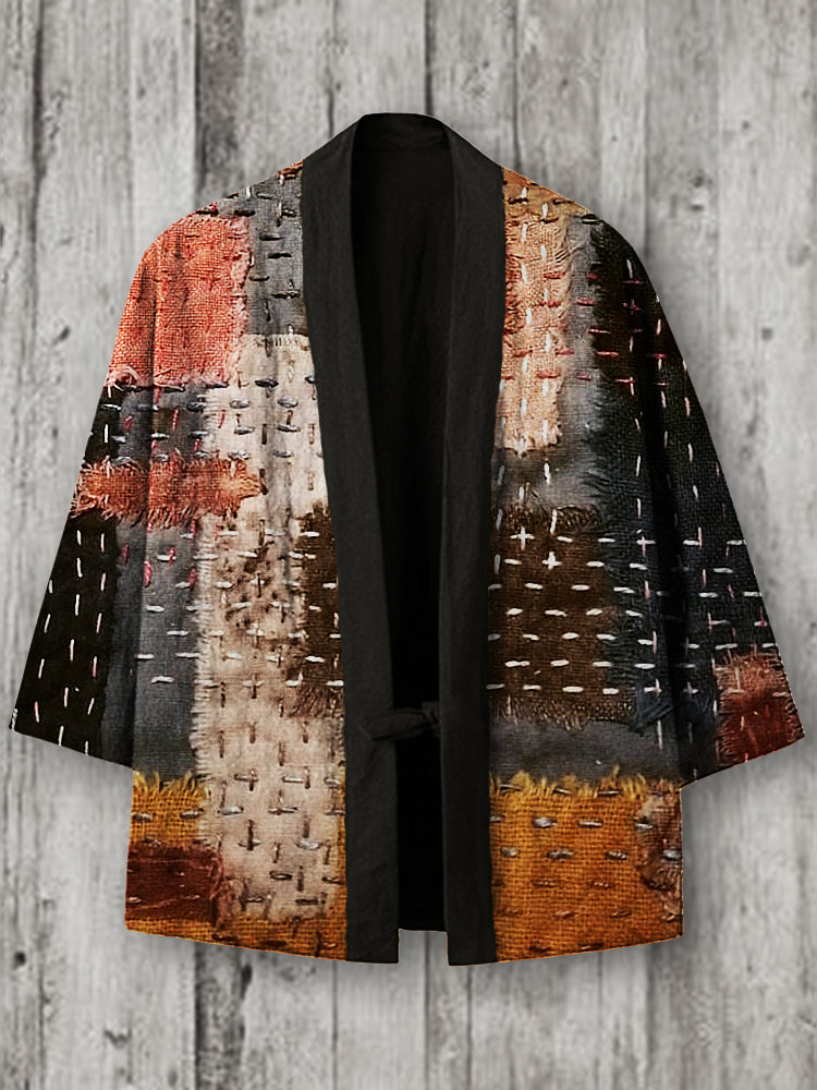 Frayed Patchwork Japanese Sashiko Art Linen Blend Kimono Cardigan