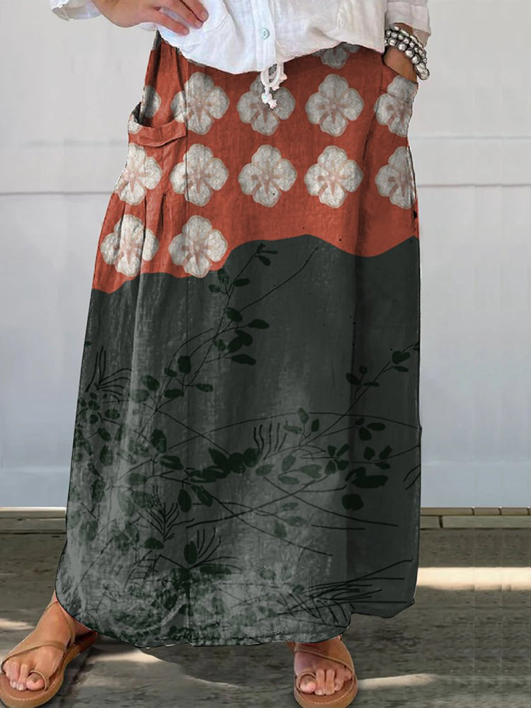Japanese Art Flower Print Loose Skirt