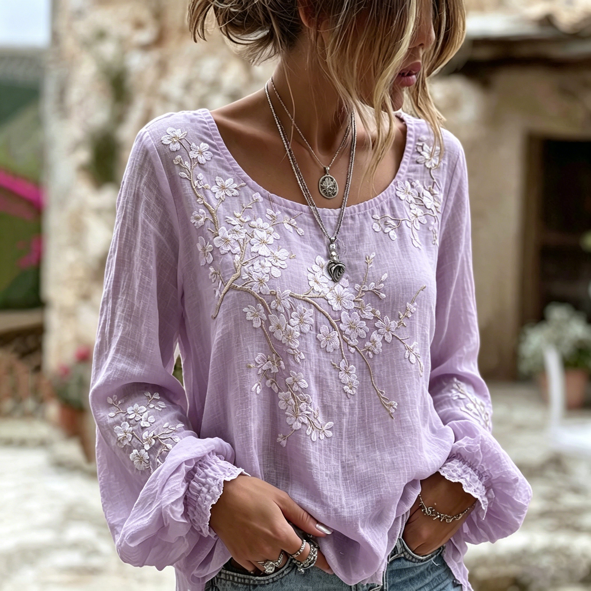 Women's Japanese Sakura Print Crew Neck Linen Blend T-shirt