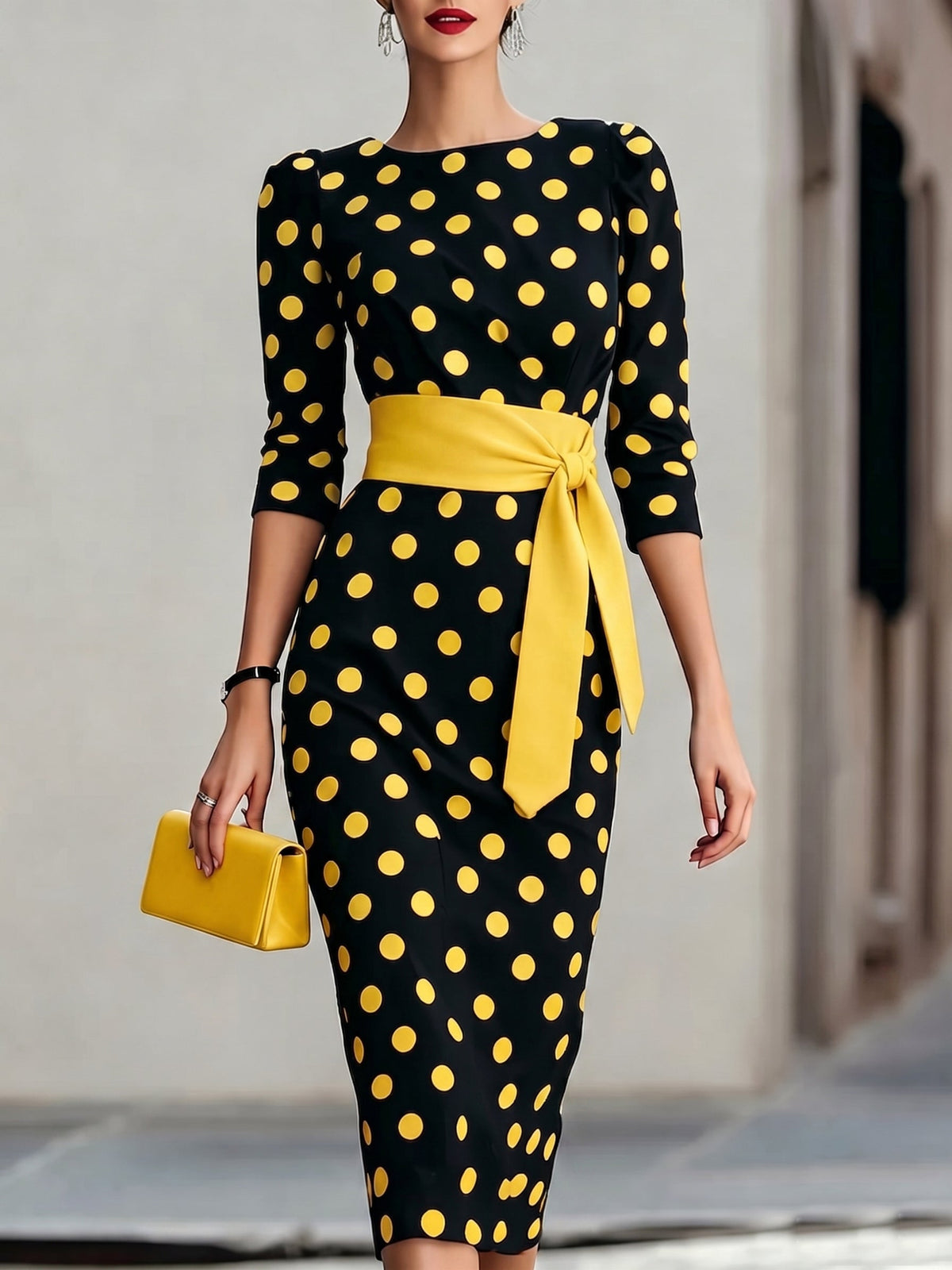 Elegant Artistic Polka-dot Print Stretch Dress
