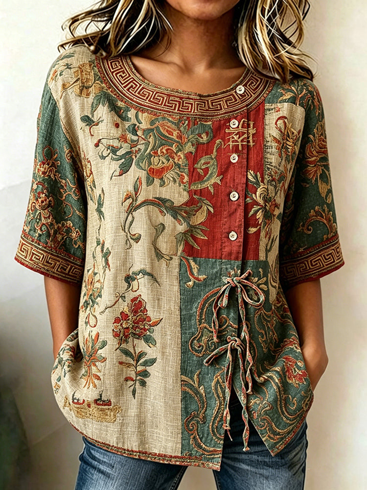 Women's Vintage Floral Pattern Tie-front Shirt