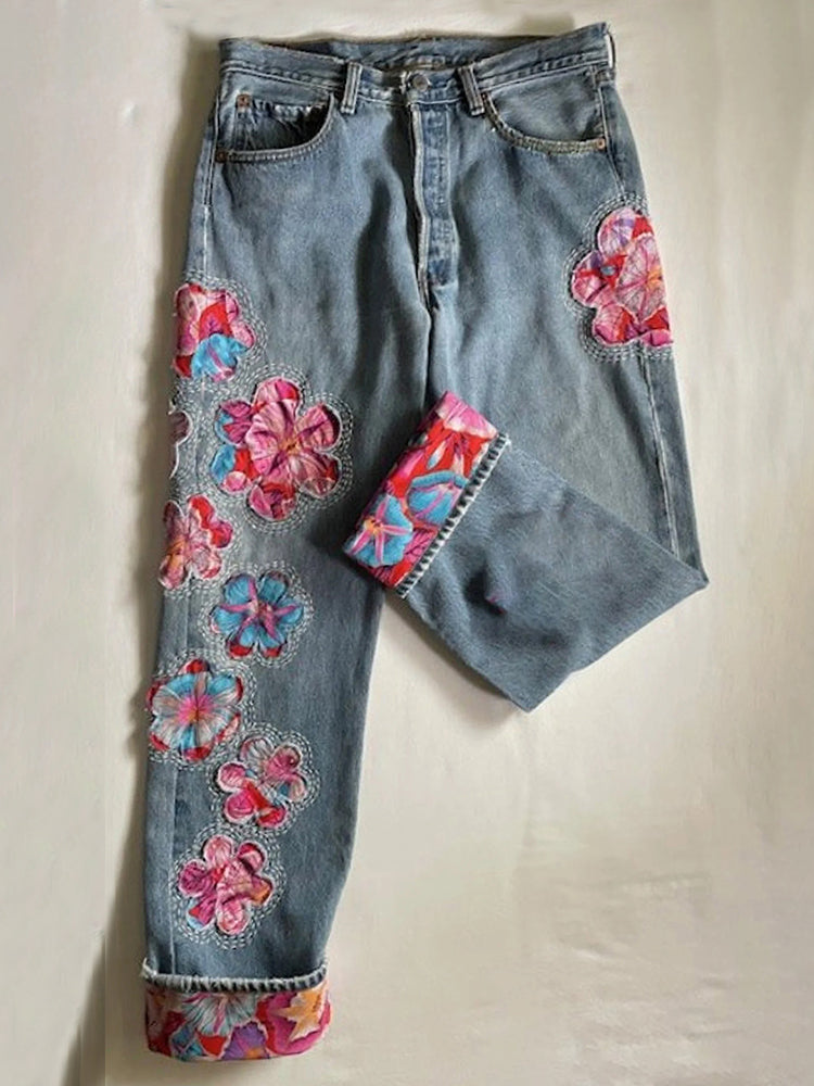 Vintage Japanese Sakura Applique Embroidery Art Design Jeans
