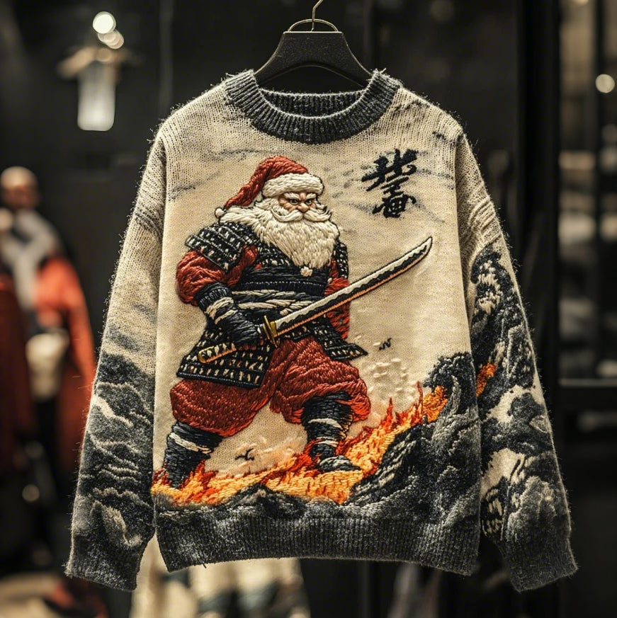 Men's Vintage Funny Christmas Santa Samurai Japanese Art Jacquard Knit Sweater