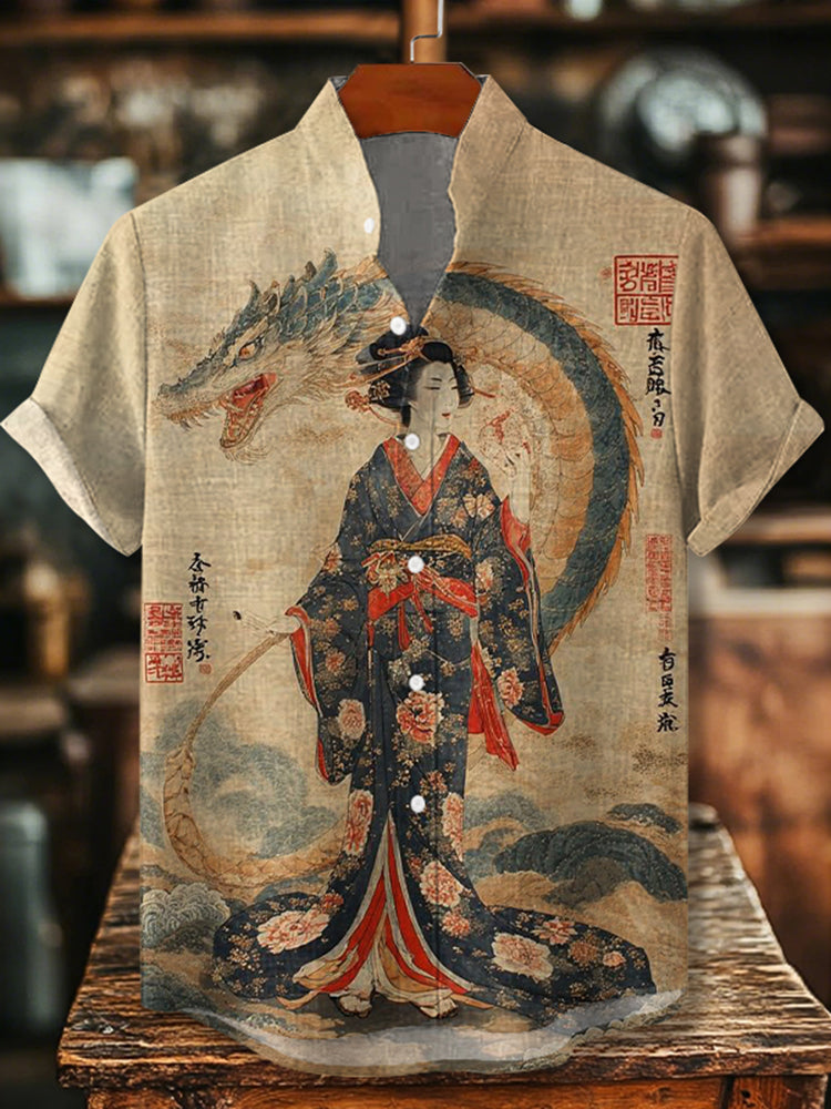 Men's Vintage Elegant Japanese Geisha With Dragon Art Comfy Linen Blend Cozy Short Sleeve Shirt