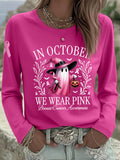 Women's In October We Wear Pink Halloween Pink Ghost Breast Cancer Awareness Support  Long Sleeve T-Shirt