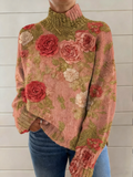 Women's Pink Art Print Long Sleeve Knit Sweater