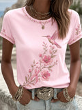 Women's Pink Floral & Hummingbird Print Breast Cancer Awareness Support Tee