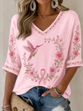 Women's Pink Floral & Hummingbird Print Breast Cancer Awareness Support Half-Sleeves V-Neck T-Shirt