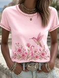 Women's Pink Floral & Hummingbird Print Breast Cancer Awareness Support Tee