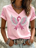 Women's Pink Ribbon Art Print Breast Cancer Awareness Support  Short Sleeve T-shirt