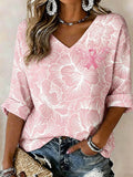 Women's Pink Ribbon  & Floral Print Breast Cancer Awareness Support Linen V-Neck Shirt
