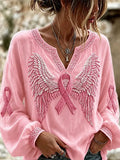 Women's Pink Ribbon Print Breast Cancer Awareness Support Cotton-Linen Shirt