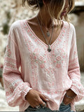 Women's Breast Cancer Pink Flowers Print Cotton-Linen Shirt