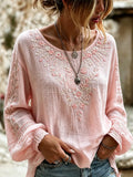 Women's Breast Cancer Pink Flowers Print Cotton-Linen Shirt