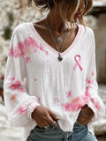 Women's Breast Cancer Pink Flowers Print Cotton-Linen Shirt