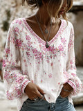 Women's Breast Cancer Pink Flowers Print Cotton-Linen Shirt