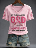 Women's Breast Cancer Pink Flowers Printed V-neck T-shirt
