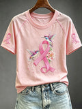 Women's Pink Ribbon Hummingbird Print Round Neck Short Sleeve T-shirt