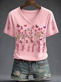Women's Breast Cancer Pink Flowers Printed V-neck T-shirt