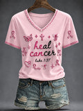Women's Breast Cancer Pink Flowers Printed V-neck T-shirt