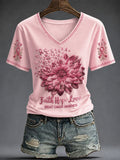 Women's Breast Cancer Pink Flowers Printed V-neck T-shirt