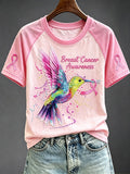 Women's Pink Ribbon Hummingbird Print Round Neck Short Sleeve T-shirt