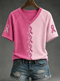 Women's Breast Cancer Awareness Support V-neck Off-shoulder Short-sleeved T-shirt