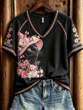 Women's Black Cat Witch Pink Floral Art Print short-sleeved T-shirt