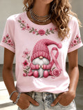 Women's Breast Cancer Awareness Pink Hat Gnome Short-sleeved T-shirt