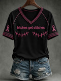 Women's Bitches Get Stitches V-neck T-shirt
