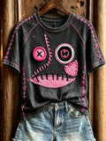 Women's Lovely Monster Face Pink Stitches Print short sleeve T-shirt