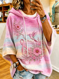 Women's Pink Floral & Hummingbird Print Breast Cancer Awareness Support Half-Sleeves Hoodie