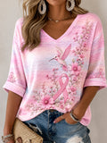 Women's Pink Floral & Hummingbird Print Breast Cancer Awareness Support Half-Sleeves V-Neck T-Shirt