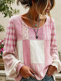Women's Pink Floral Patchwork Art Cotton Linen Shirt