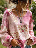 Women's Pink Floral Patchwork Art Cotton Linen Shirt