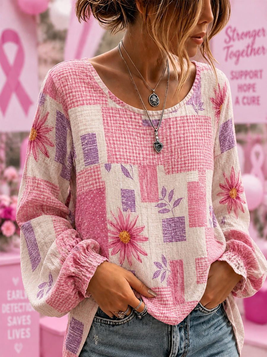 Women's Breast Cancer Awareness Support  Flowers Pink Ribbon Cotton-Linen Shirt
