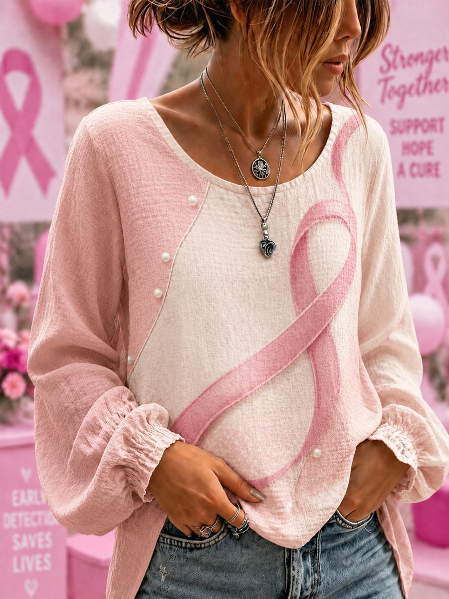 Women's Breast Cancer Awareness Support  Ribbon Cotton-Linen Shirt